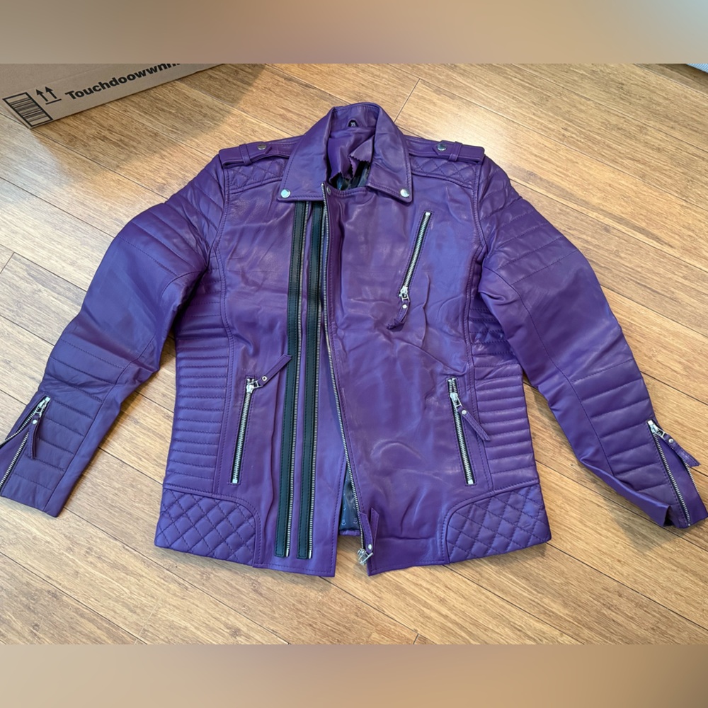 Women’s Purple Quilted Leather Moto Jacket - Picture 1 of 7